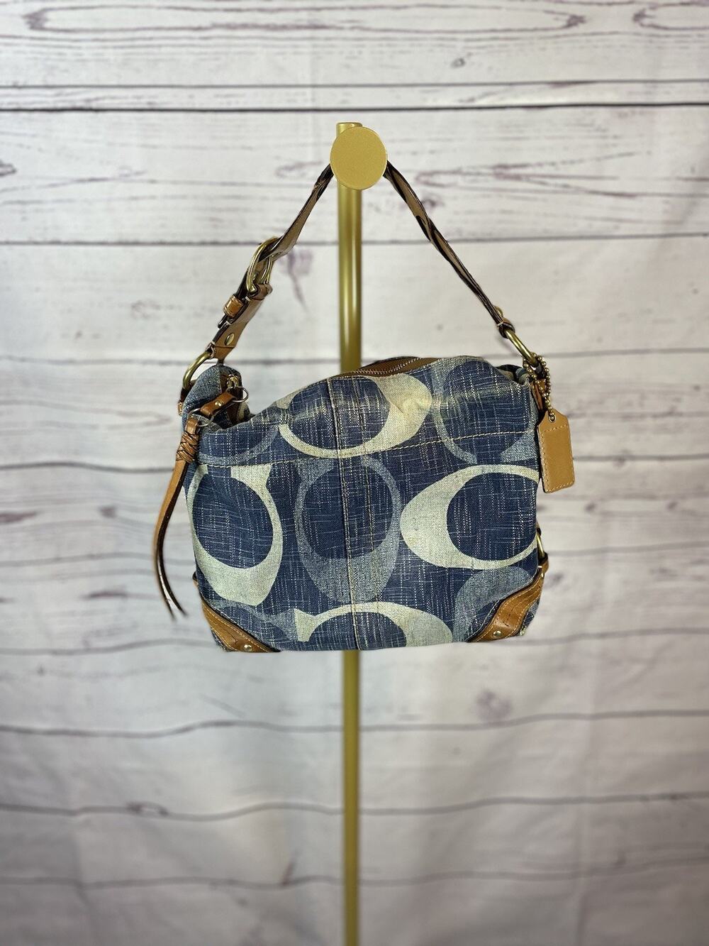 Coach Vintage Carly 12197 Blue Denim Signature C Braided Leather Hobo Shoulder